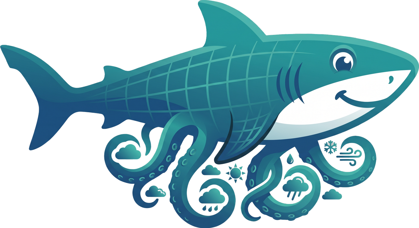 sharktopus logo — shark with octopus tentacles and weather icons